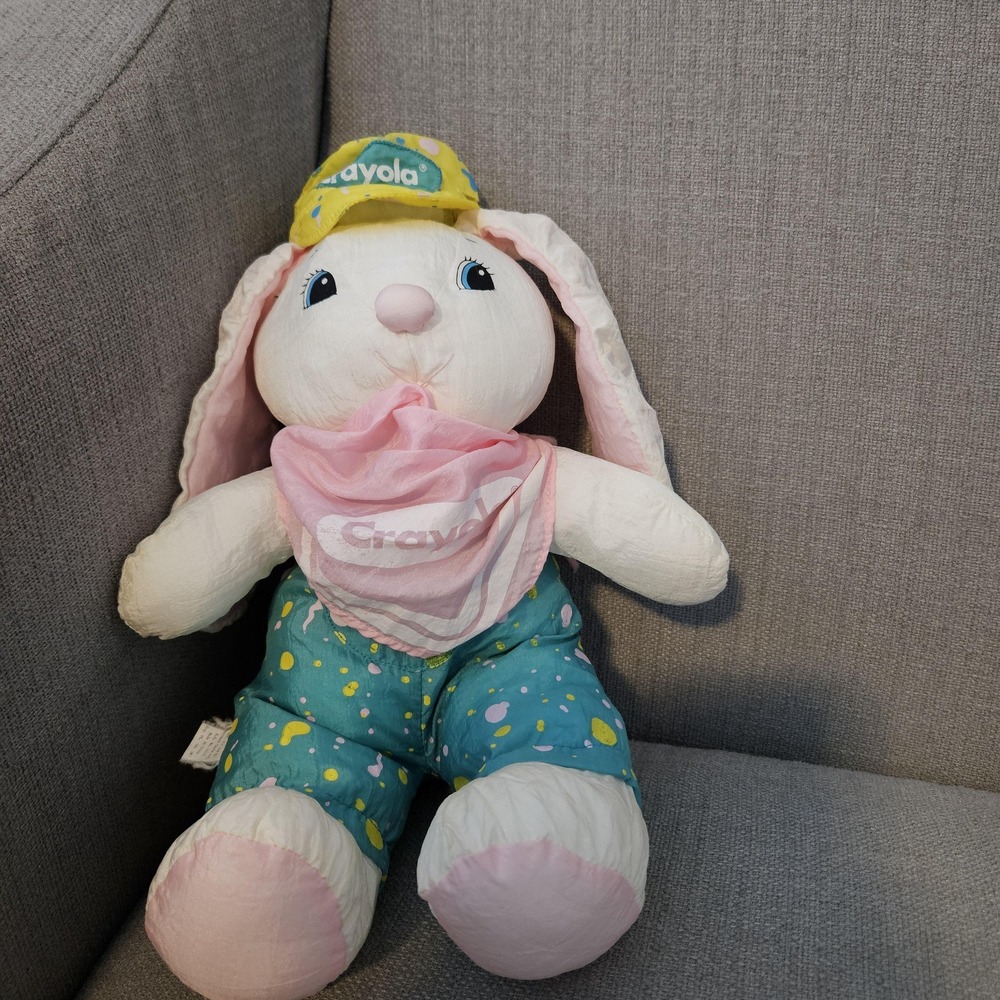 Vintage Hallmark Crayola Parachute‎ Bunny Plush, Pink Scarf, Turquoise Overalls